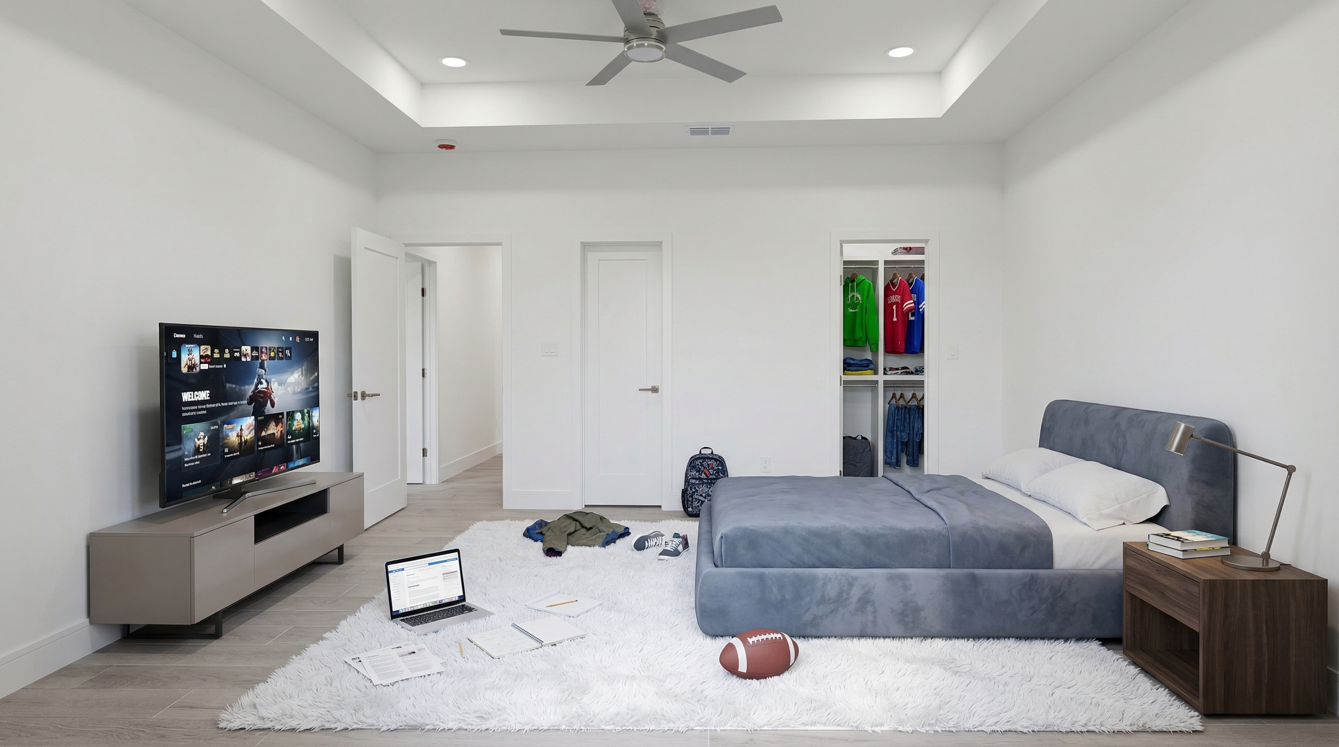 Luxury bedroom suite with tray ceiling and built-in organizers