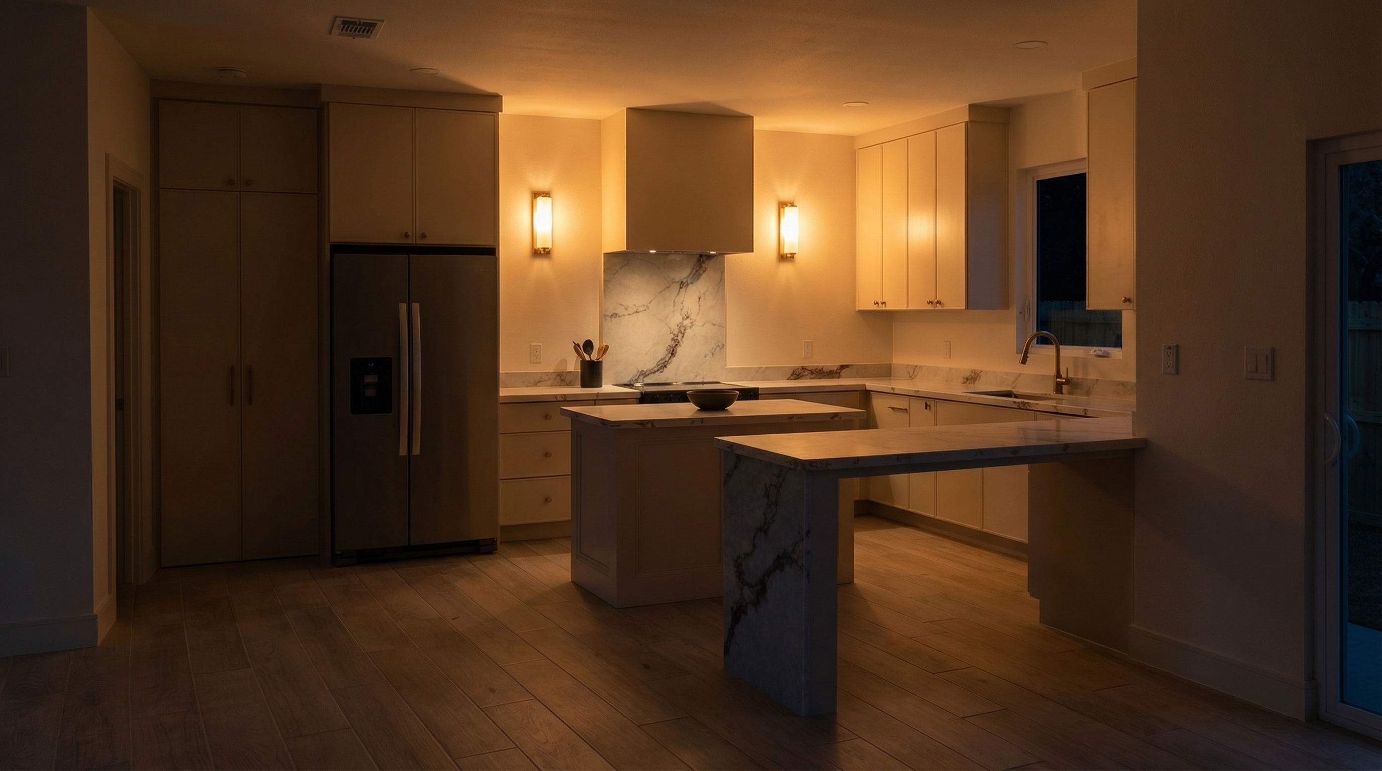 Luxury quartz waterfall island and custom kitchen design