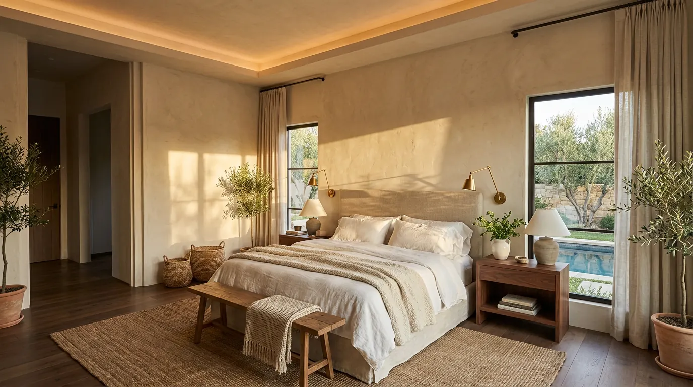 Visualization of a planned bedroom with a cove-lit ceiling and a window to the pool — not a photograph