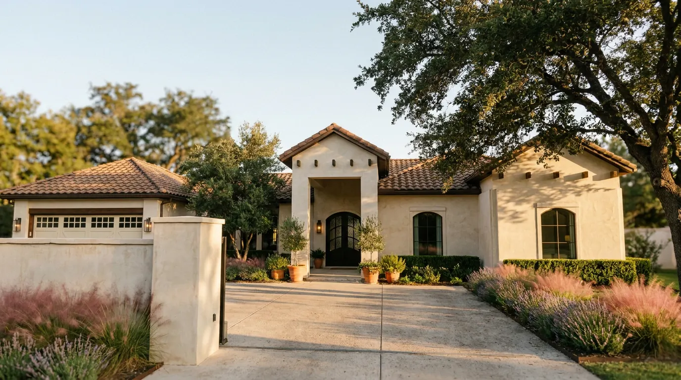 Visualization of the planned home from the driveway: plaster walls, a tiled roof and an arched front entry — not a photograph