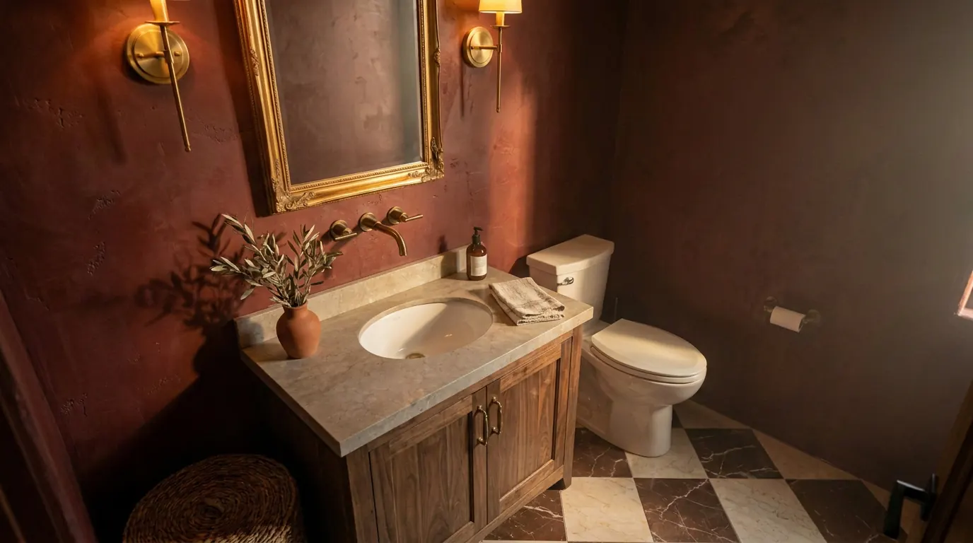 Visualization of the planned half bath with deep red plaster walls, a stone vanity and brass fittings — not a photograph