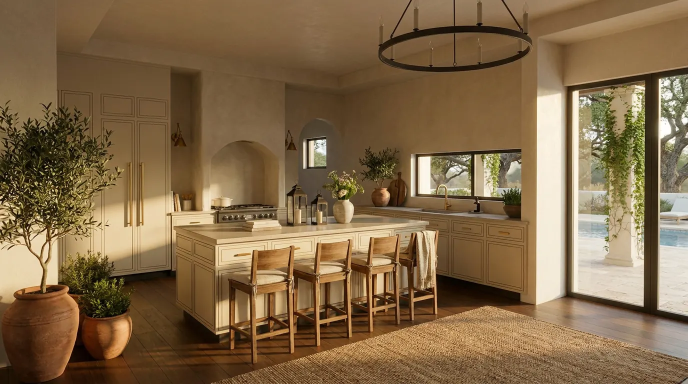 Visualization of the planned kitchen with an island, an arched range niche and glass doors to the patio — not a photograph
