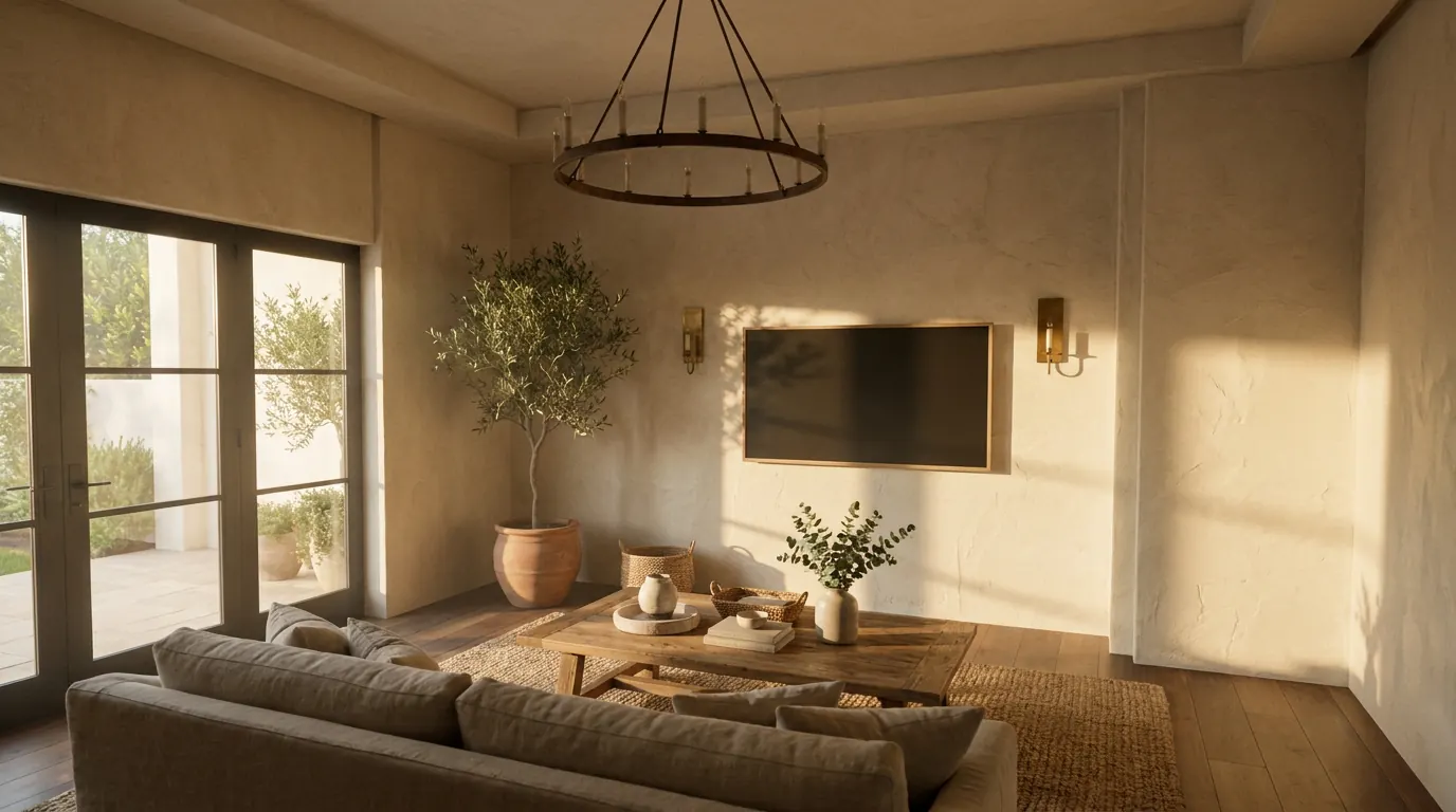 Visualization of the planned living area with a sofa, an iron chandelier and glass doors to the patio — not a photograph