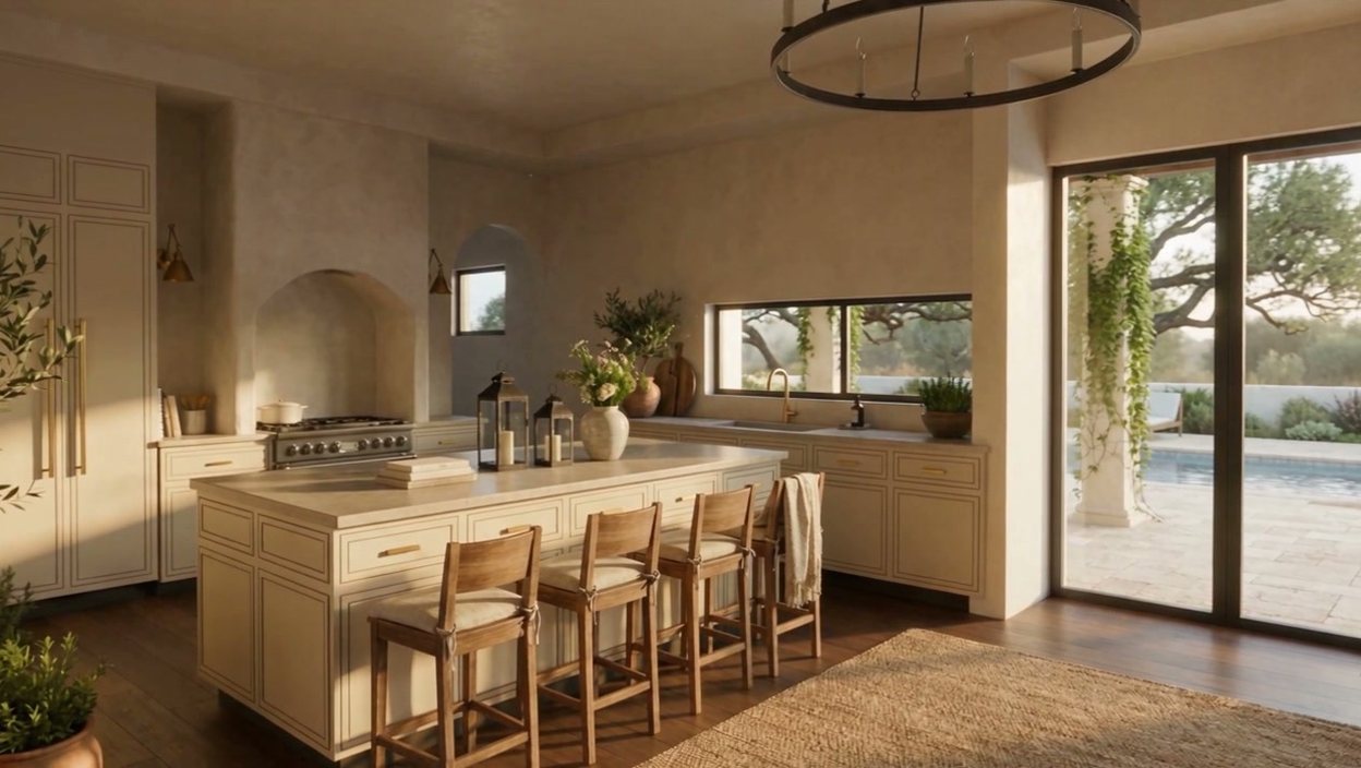 Rendering of the planned kitchen: island with stools, slim shaker inset cabinets and the sink under the window — design visualization, not a photograph