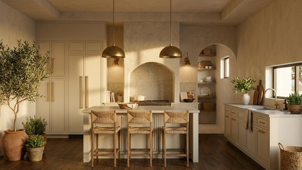 Rendering of the planned kitchen looking toward the plaster arch range hood, the paneled refrigerator wall and the pantry arch — design visualization, not a photograph