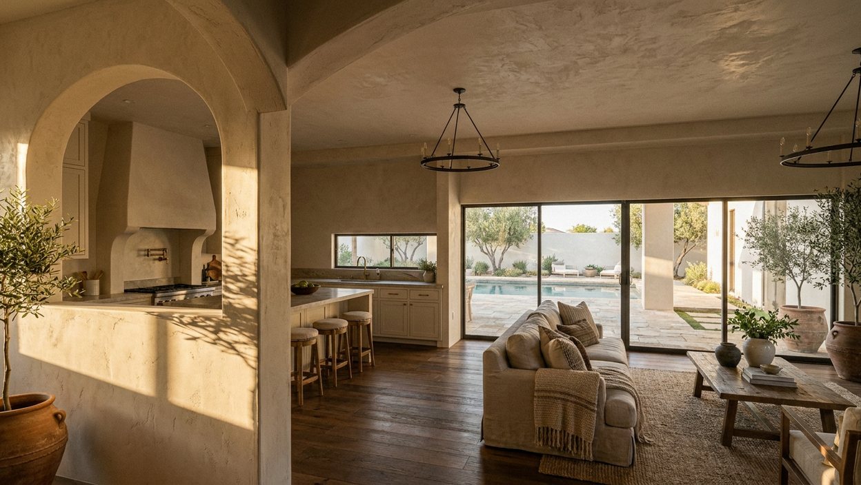 Rendering of the planned main room seen from the foyer arch, with the patio doors and pool beyond — design visualization, not a photograph