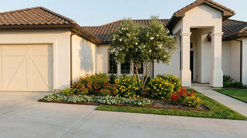 A planned front planting bed between the garage and the entry, with a flowering tree and shrubs. Visualization, not a photograph.