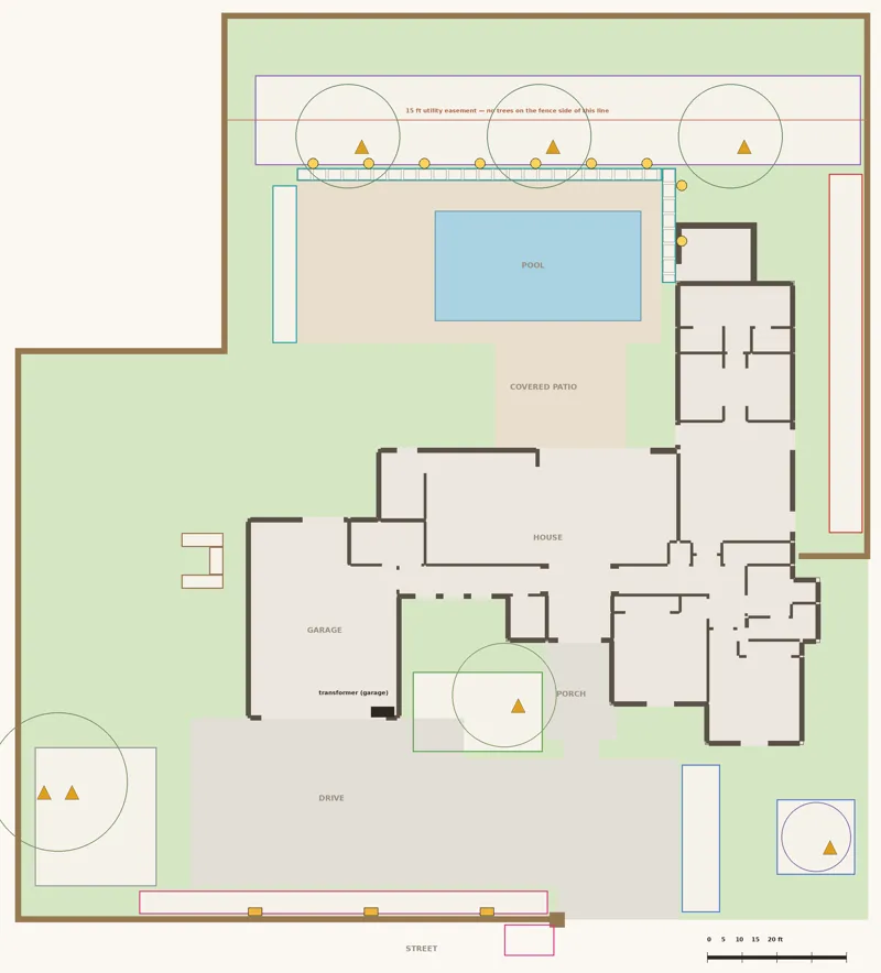 A landscape lighting drawing of a residential lot: tree uplights, path lights along the pool walk and wall washers on the front wall.