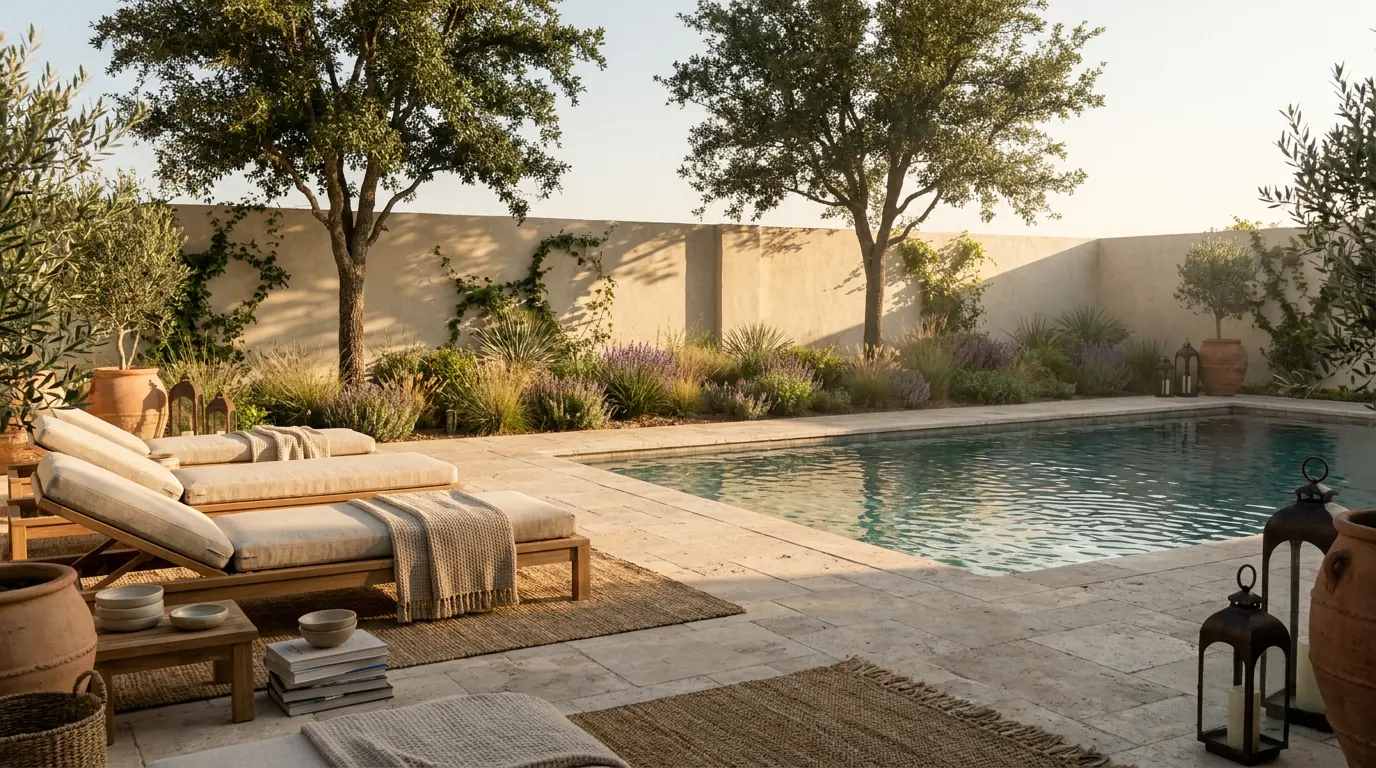 A planned pool and stone patio with loungers, planting beds and trees along the back wall. Visualization, not a photograph.