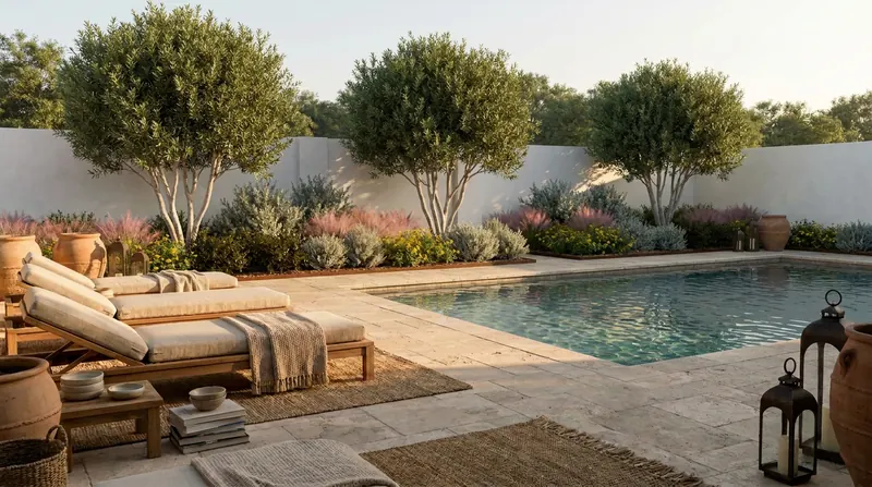 A planned row of trees and flowering shrubs screening the pool from the back wall. Visualization, not a photograph.