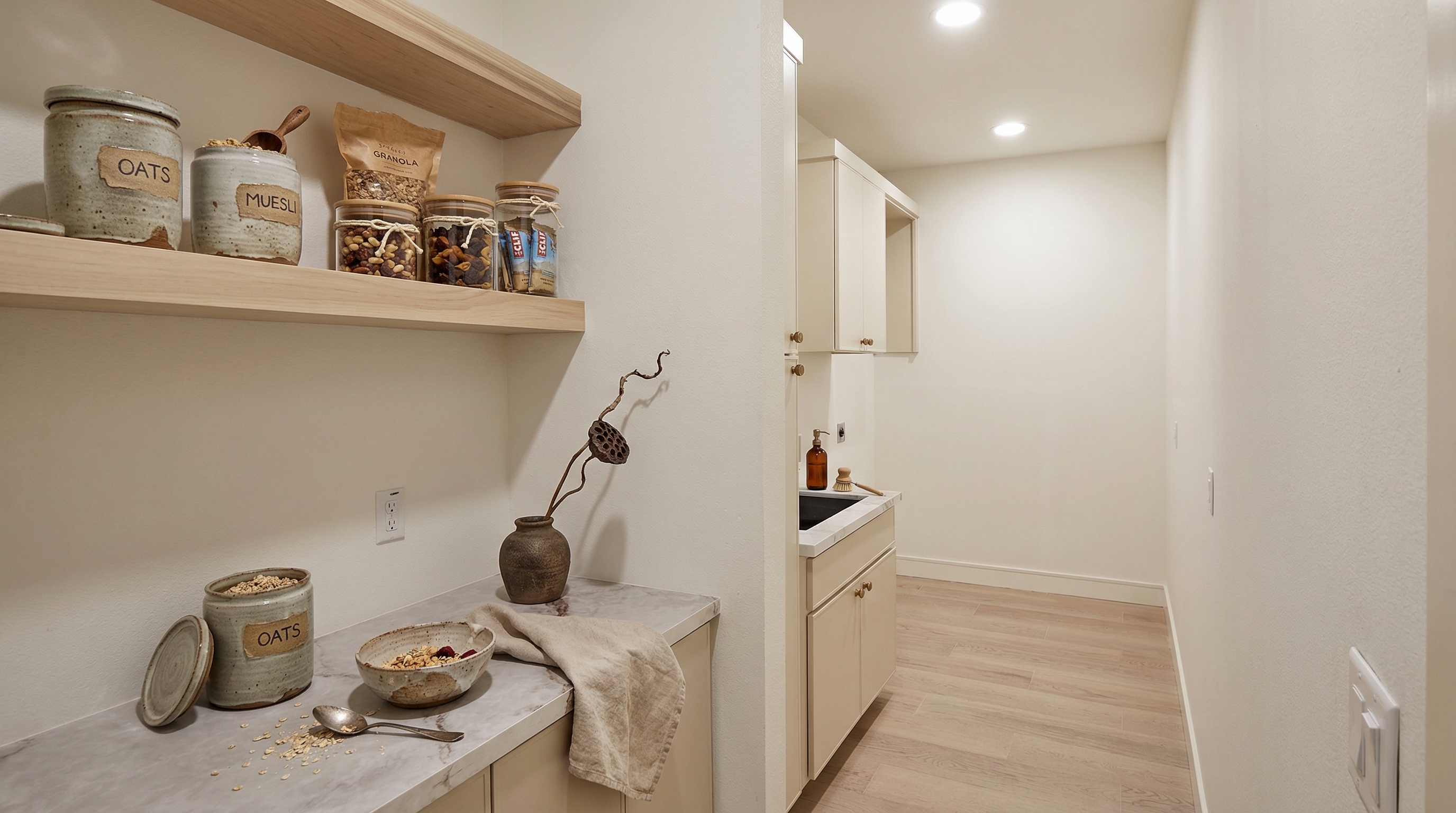 Custom luxury pantry with marble countertops and floating shelves
