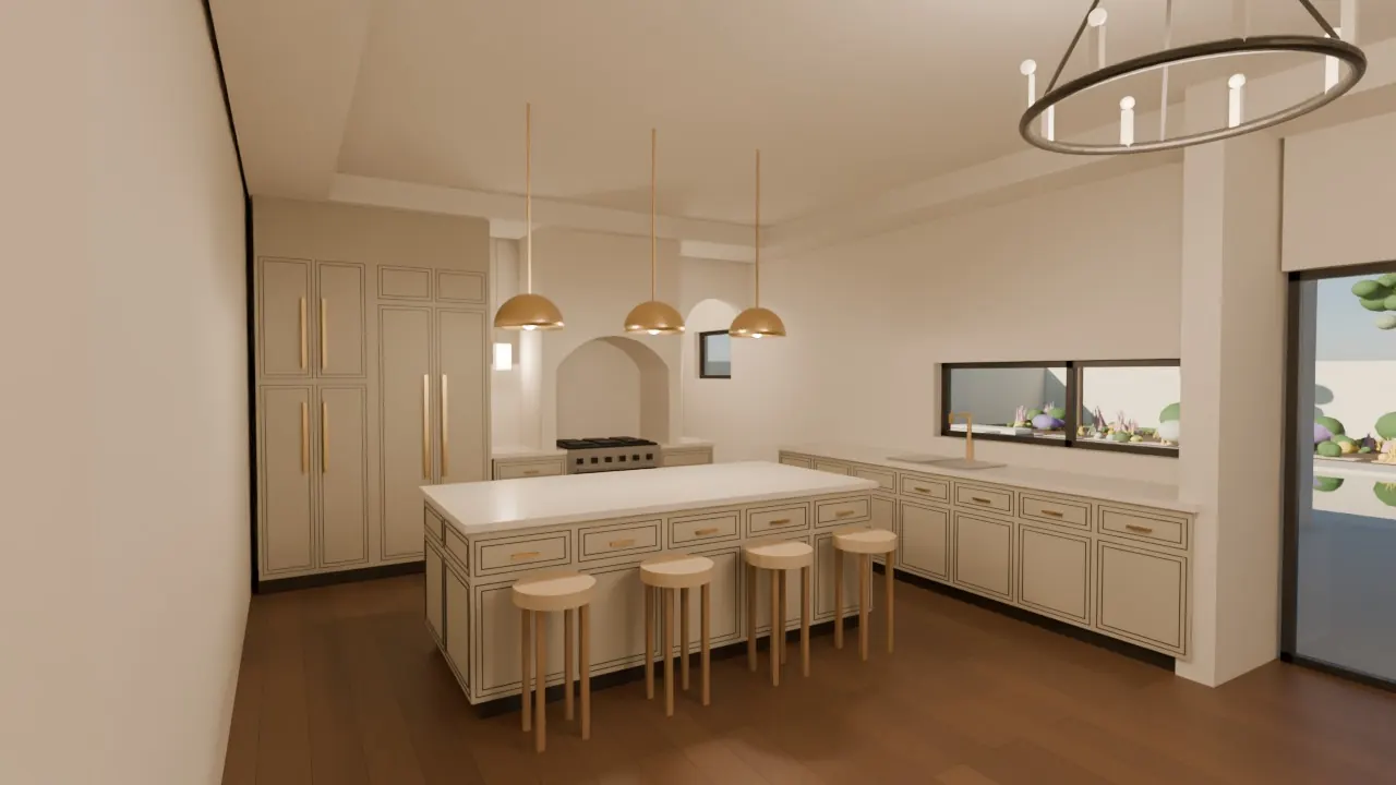 A kitchen in the 3D model of a planned home, before finishes. Visualization, not a photograph.