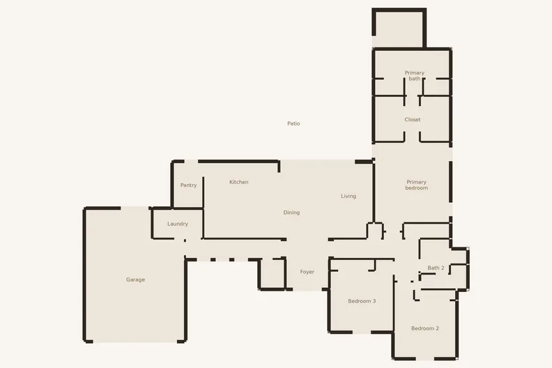 A floor plan of a planned single-story home: garage, kitchen, living areas and bedrooms, drawn by EJS Trade from the house plans.