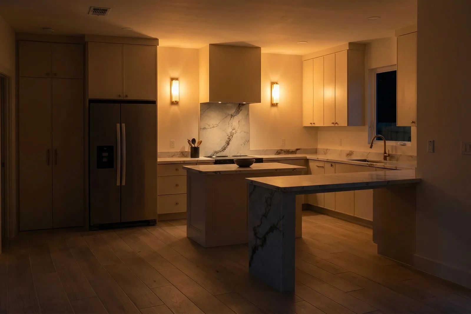 Photograph of the kitchen of a finished EJS Trade home at night, lit by two wall sconces either side of the range hood.