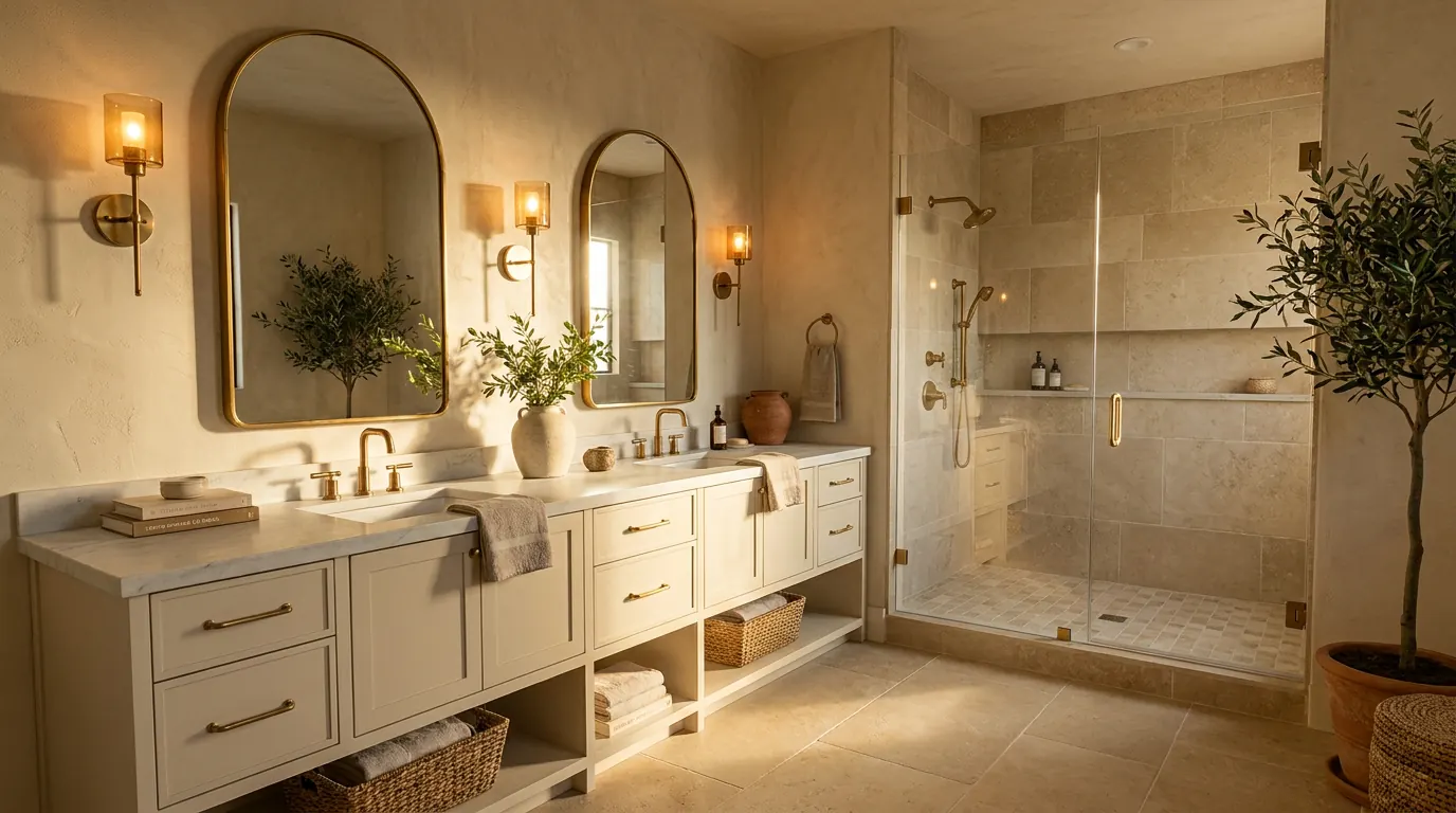 A planned primary bathroom with double vanity and walk-in shower. Visualization, not a photograph.
